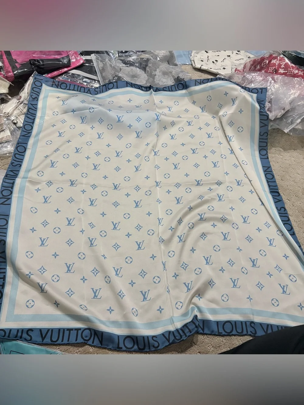 LOUIS VUlTTON luxury vibes pink white monogram silky scarf 35x35‼️LAST ONE LEFT